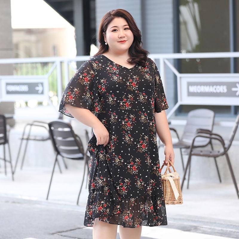 Large Size L-XXXXXL Women's Summer Dress Chiffon Veil Short Sleeve V-Neck Floral Lightweight and Breathable