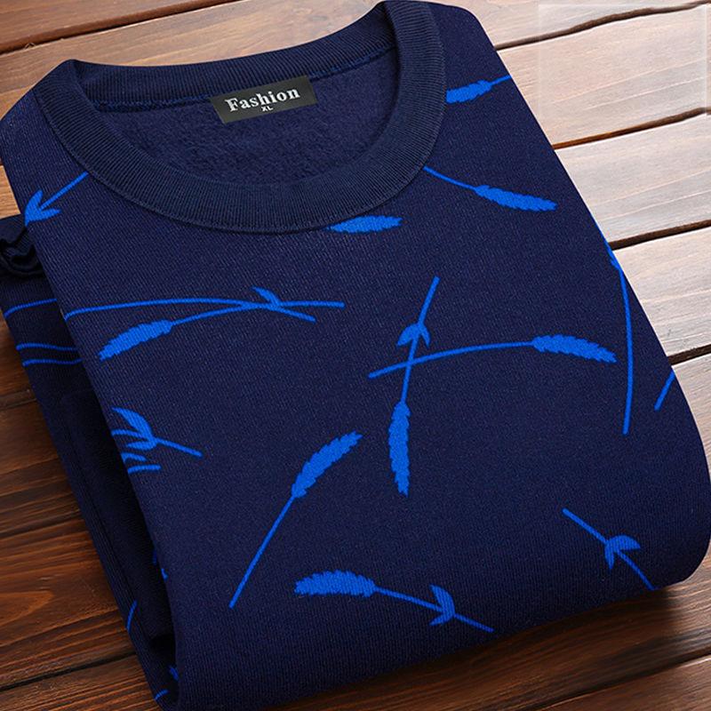 Autumn and Winter Men's Plus Velvet Padded Sweater Men's Warm Hedging Round Neck Long-sleeved Shirt Sweater Printing Casual Clothes