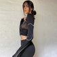 Goth Dark Techwear Grunge Black Buckle Patchwork T-shirts Women Punk Sexy Open Shoulder Skinny Cropped Tops Hip Hop Streetwear