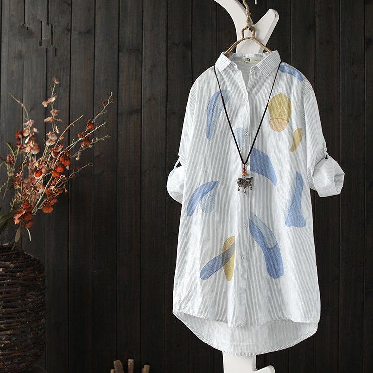 Cotton Vintage Dove Print Mid Length Plus Size Loose Shirt Casual Plus Size Long Top