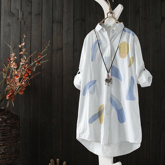 Cotton Vintage Dove Print Mid Length Plus Size Loose Shirt Casual Plus Size Long Top