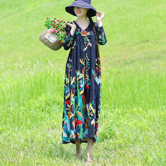 Ethnic Style V-neck Embroidery Long-sleeved Dress Bohemian Style Spring and Autumn Large Size Loose Middle Calf Length