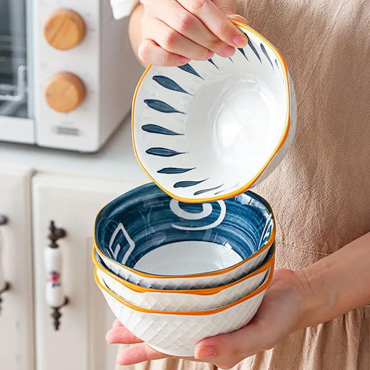 Ceramic Bowl Set Family Combination Personality Octagonal Bowl Japanese Underglaze Color Soup Bowl Rice Bowl Tableware Fruit Bowl