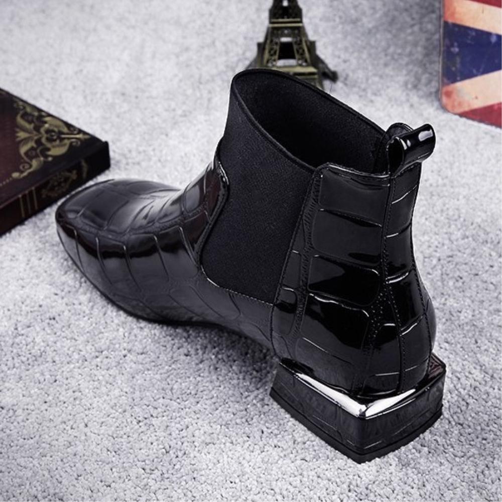 Women Boots Shiny PU Leather Autumn Winter Shoes Woman Spuare Toe Block Heels