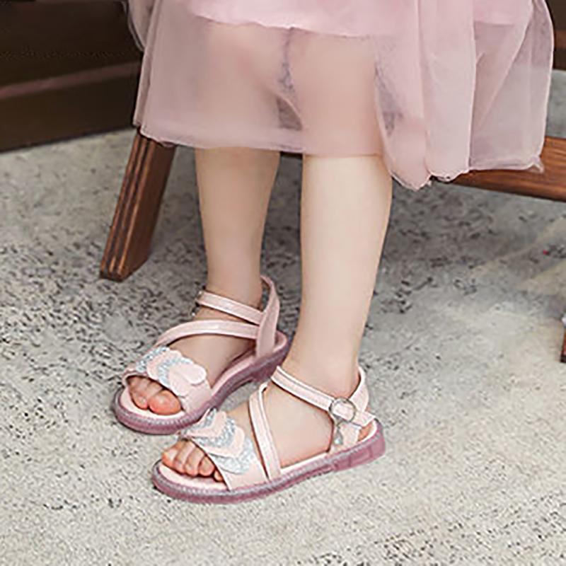 Children's Sandals Girls Princess Shoes Non-slip Soft-soled Beach Shoes Girls Diamonds  Flat Sandals with Ankle Straps