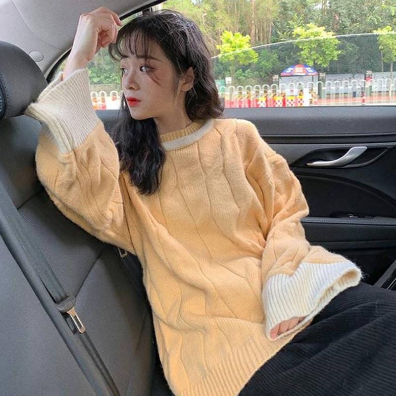 Pofulove loose sweet stitching knitted long-sleeved shirt women Candy color cute sweater women