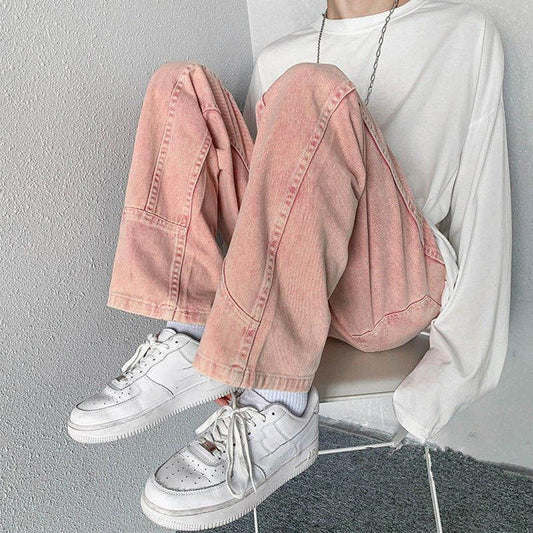 American Retro Bombing Street Pink Jeans Women Tide Autumn Loose Thin Letter Straight Wide Leg Pants