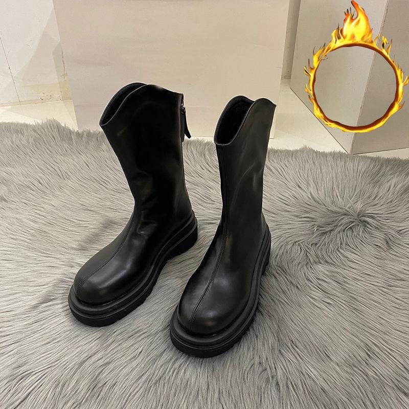 Chelsea Boots Mid-tube Boots Plus Velvet Snow Boots British Style Martin Boots Thick-soled Winter Boots Autumn and Winter