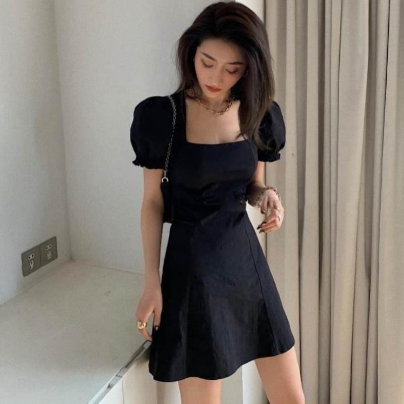 Black Mid-length Dress Summer Square Collar Waist Thin Skirt Puff Sleeve High-waisted A-line Skirt