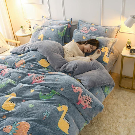 4pcs  Fashion Bedding Set Magic Velvet Double-sided Winter Bed Sheet Quilt Cover Pillowcase