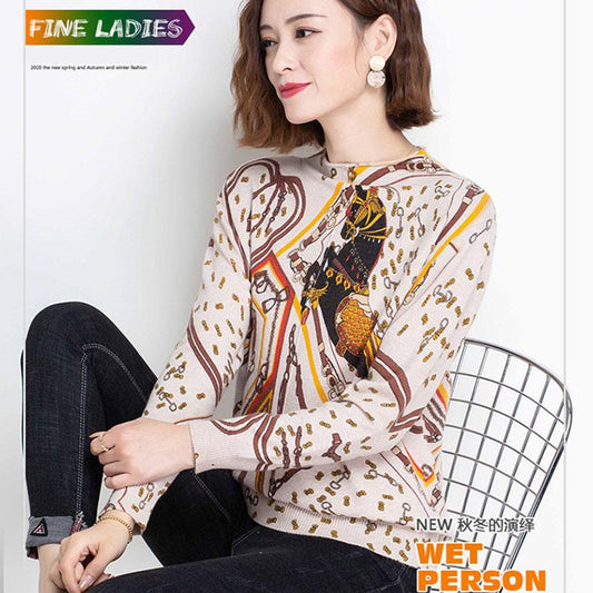 Bohemia Floral Crew Neck Woolen Sweater Women Long Sleeve Warm Printed Cashmere Sweater Knitted Jumper Tops
