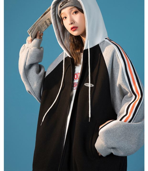 Spring and Autumn Loose All-match Sports Cardigan Hooded Baseball Uniform Sweater Women Jacket
