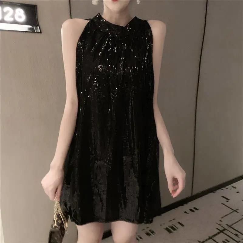 Tutu Sequins Shiny  Women's Summer Vest Dress Sleeveless Round Neck Knee-length Daily Wear Home Dating Party