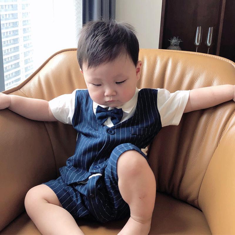 Full Moon One Hundred Days Baby Clothes Boy One Year Old Dress Baby Summer Dress Thin Short Sleeve Pure Cotton Gentleman One-piece