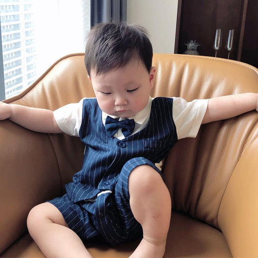 Full Moon One Hundred Days Baby Clothes Boy One Year Old Dress Baby Summer Dress Thin Short Sleeve Pure Cotton Gentleman One-piece