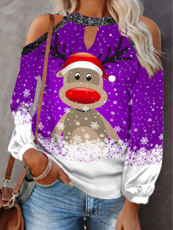 Elk Print T-Shirt Round Neck Off Shoulder Top Christmas Ladies Vintage Long Sleeve Shirt Women Sexy Tops Harajuku Graphic Tee