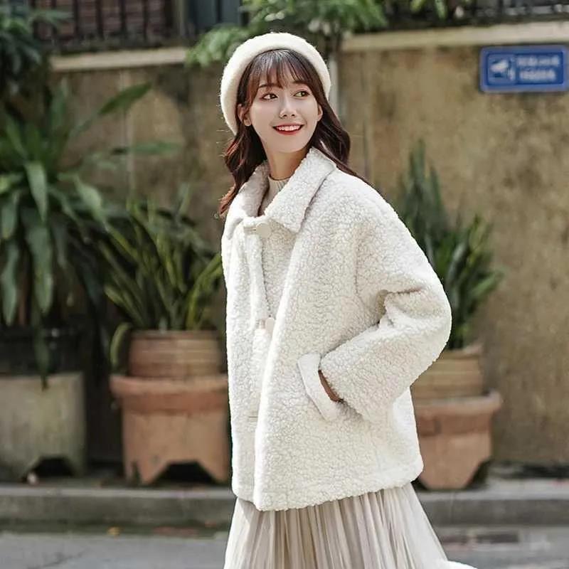 White Sweet Faux Lamb Wool Jacket Women Plus Velvet Thick Autumn and Winter Loose Sweater Warm Cardigan Jacket Casual Jacket
