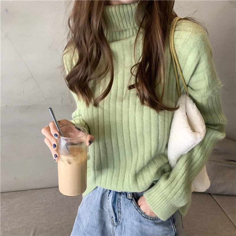 Women High Collar Long Sleeve Pullover Thick Slim Tight Knit Bottoming Shirt Sweater