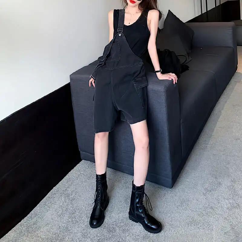 Pure Black Overalls Women's Summer Korean Version of Loose Retro Hong Kong Style Straight Wide-leg Denim Shorts Tide