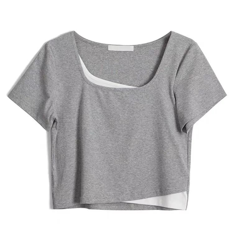 Two-piece Layered Airline Navy High Waist Straight Short Sleeve Top Women's T-Shirt