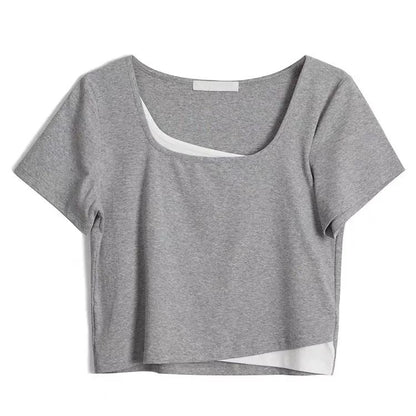 Two-piece Layered Airline Navy High Waist Straight Short Sleeve Top Women's T-Shirt