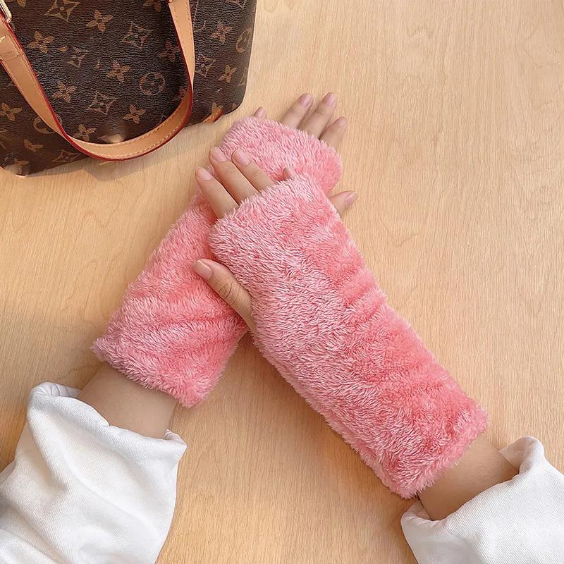 Winter Gloves Women Thick Plush Warm Gloves Long Arm Cover Fingerless Gloves