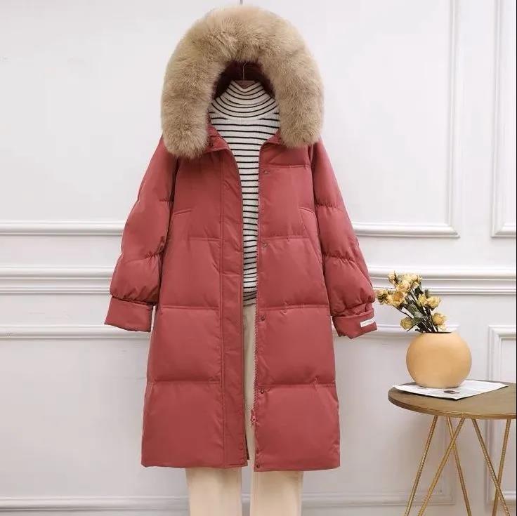 Down Jacket Women's Mid-length Big Fur Collar Korean Fashion Loose Thick Over-knee Winter Hooded Jacket Tide
