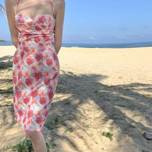 Female Vintage Floral Print Beach Dress Slim Elegant Backless Short Holiday Dress Graceful Sleeveless Vacation Dress