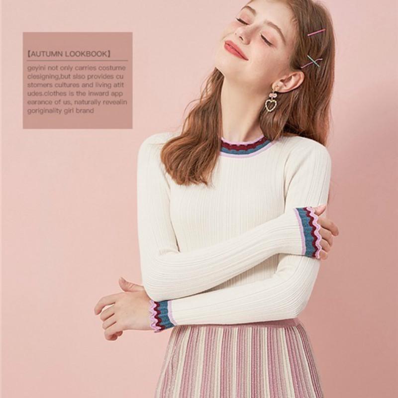 Hit Color Ruffled Pullover Sweater Women's Long-sleeved Slim Bottoming Shirt Autumn Winter