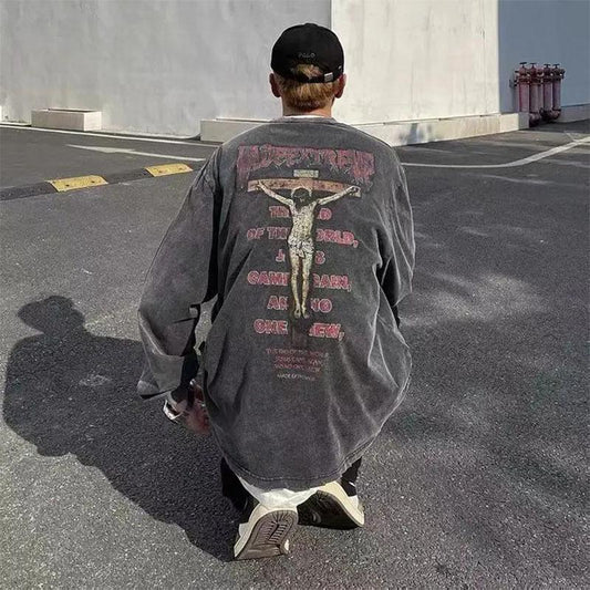 Men's and Women's Oversize High Street Long-sleeved T-shirt Washed Old Retro Personality Top Loose Hooded Sweater