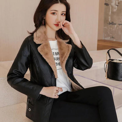 Winter Leather Jacket and Fur In One Medium and Long Women's Lamb Fur Jacket Plus Velvet Thickening Large Size Leather Jacket