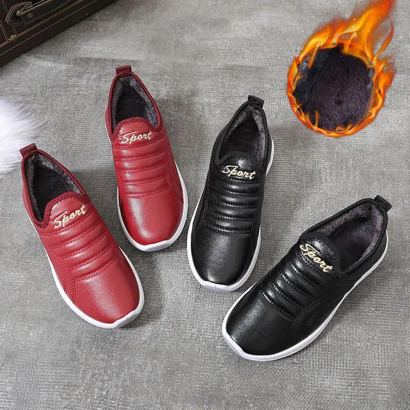 Winter Cotton Shoes Women Leather Waterproof Non Slip Black Plus Size Sneakers Women Sports Shoes Casual Light Running Shoes Thick Fleece Warm Shoes