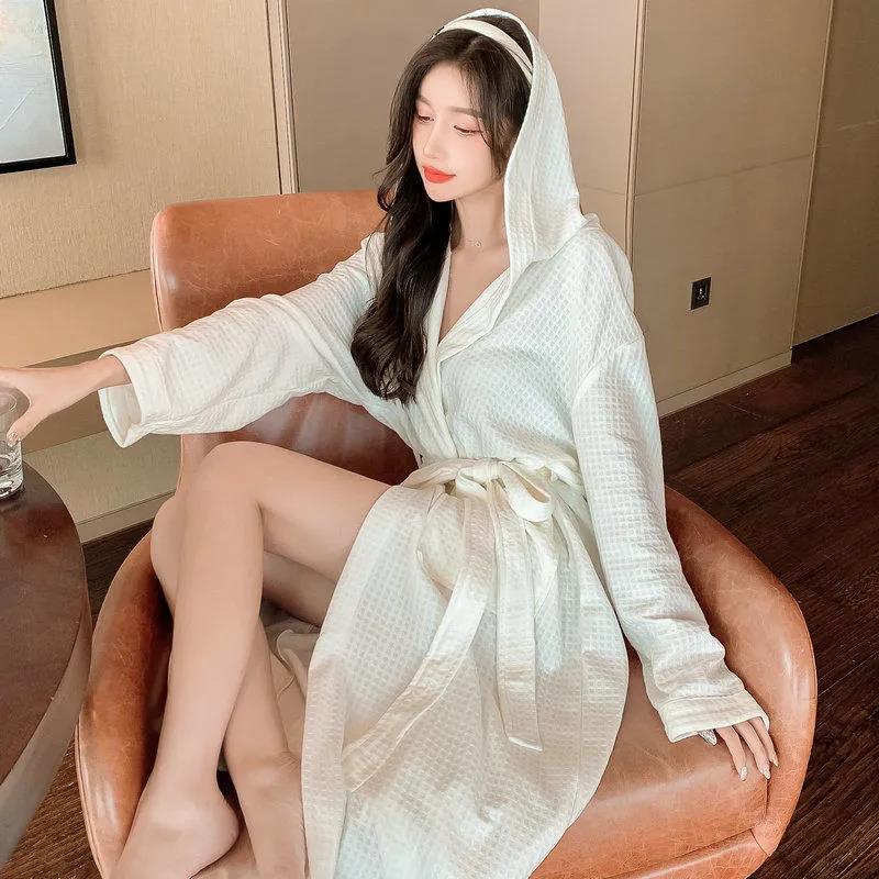 Pajama Party Bathrobe Female Long-sleeved Nightgown Female Spring and Autumn Pure Cotton Ladies Hotel Pajamas Bathrobe Robe Home Service