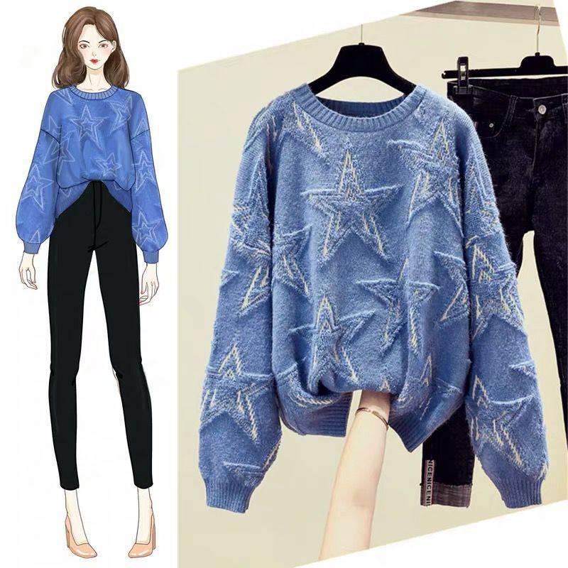 Stars Print Sweaters Tunic Women Casual Round-neck Loose Long Sleeve Knitted Top Autumn Winter Female Jumper Pullovers