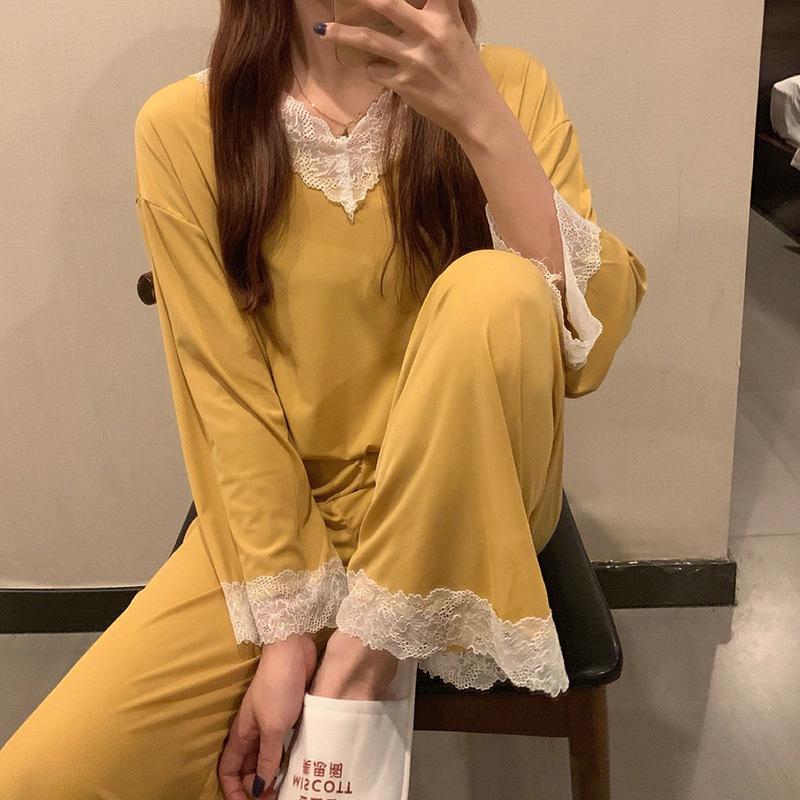 Women's Spring Autumn Long-sleeves Pajamas Set Sexy Lace Edge V-neck Sweet Loose Home Wear Two-piece Suit Solid Color Breathable Sleeping Suit