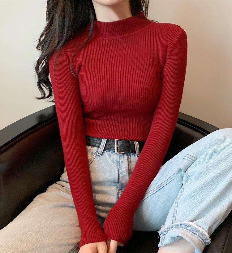 Pure Color Spring and Autumn Ladies Half High Neck Long Sleeve Sweater Bottoming Shirt Slim Half High Neck Sweater
