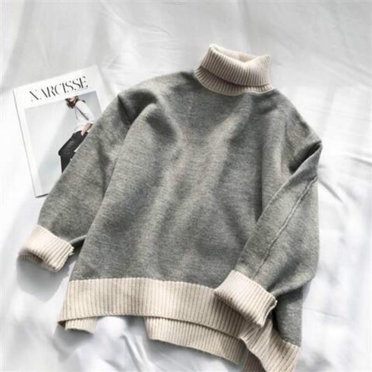 Pofulove High-neck Sweater Women Loose Thickened Pullover Color Matching Autumn Winter Sweater