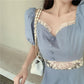 Women's Summer Solid Color Dress Square Neck Puff Sleeves Slim Over Knee Midi Dress