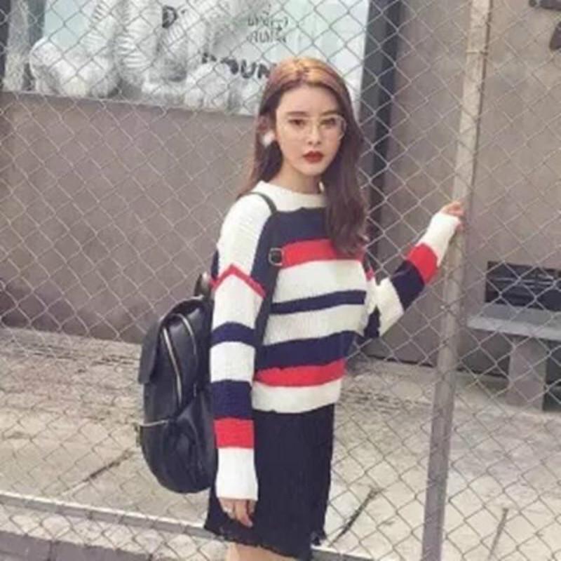 Pofulove Wild Thickened Knit Tide Winter Warm Long Striped Turtleneck Sweater Girl Student Loose