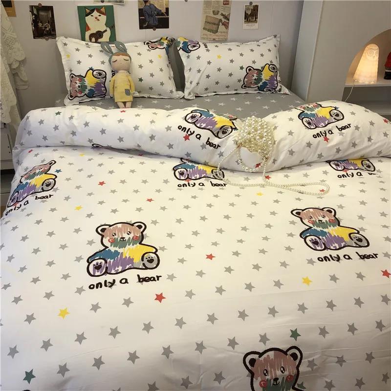 Ins Lattice Cartoon Girl Heart Bedding Four-piece Student Dormitory Three-piece Single Bed