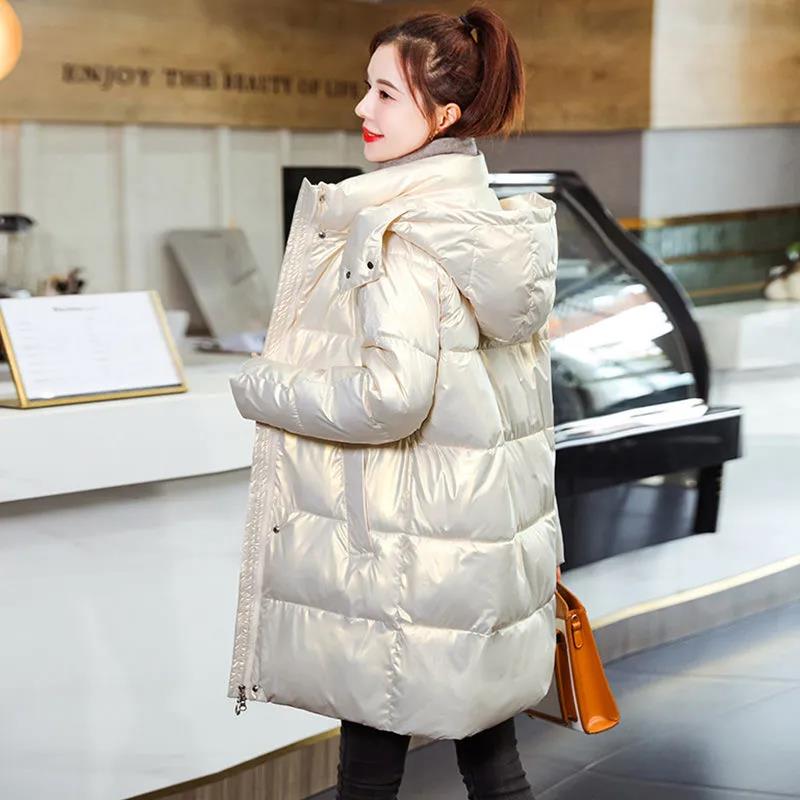 Down Cotton Jacket Winter Thicken Warm Loose Fashion Color Glossy Disposable Stand Collar Mid-length Cotton Jacket Women