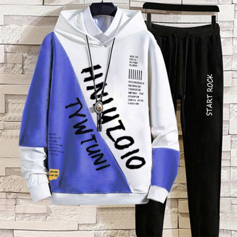 Spring and Autumn Men's Sports and Leisure Suits Teen Trend Loose Printed Letters Hooded Tops and Trousers Set