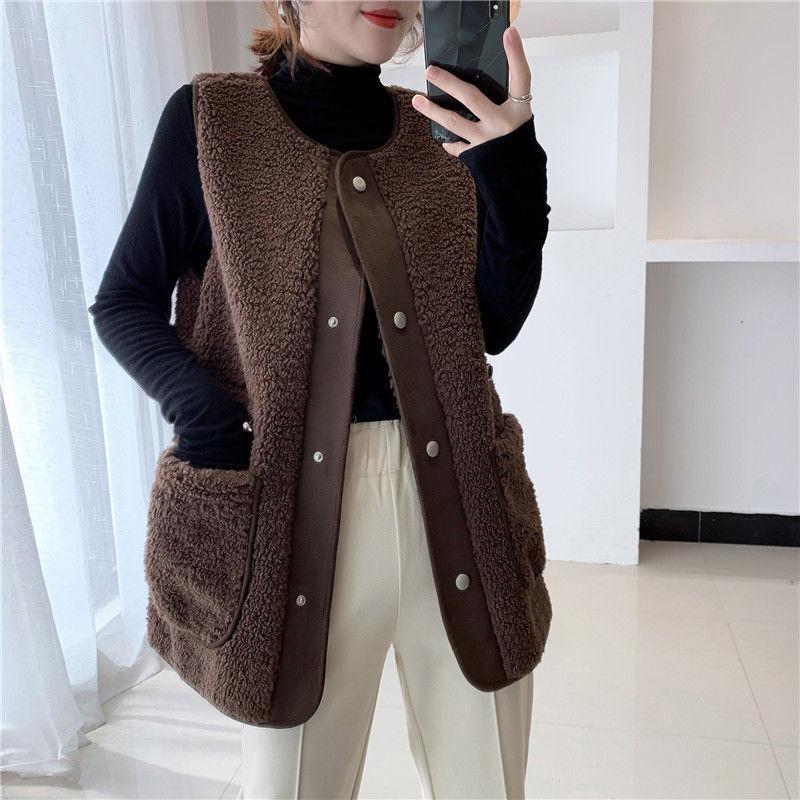 Lamb Wool Warm Vest Female Outer Wear Fur One Coat Female Wild Loose Autumn and Winter Waistcoat Female Round Neck Sleeveless Jacket