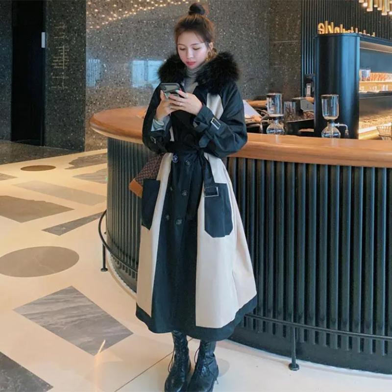 Women's Solid Color Embroidered Down Jacket Mid-length Korean Style Loose Thick Coat Warm Cotton Coat Large Fur Collar Winter Quilted Jacket