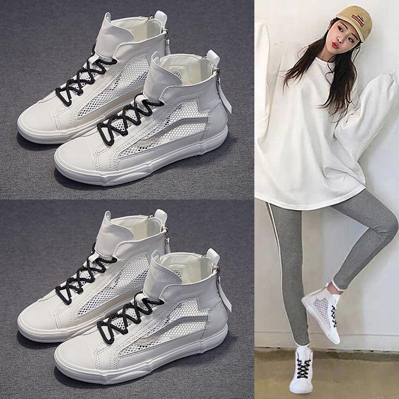 Leather White Shoes High Top 2020 Summer Mesh Breathable High Top Shoes Flat Bottom Wild Hollow Mesh Shoes