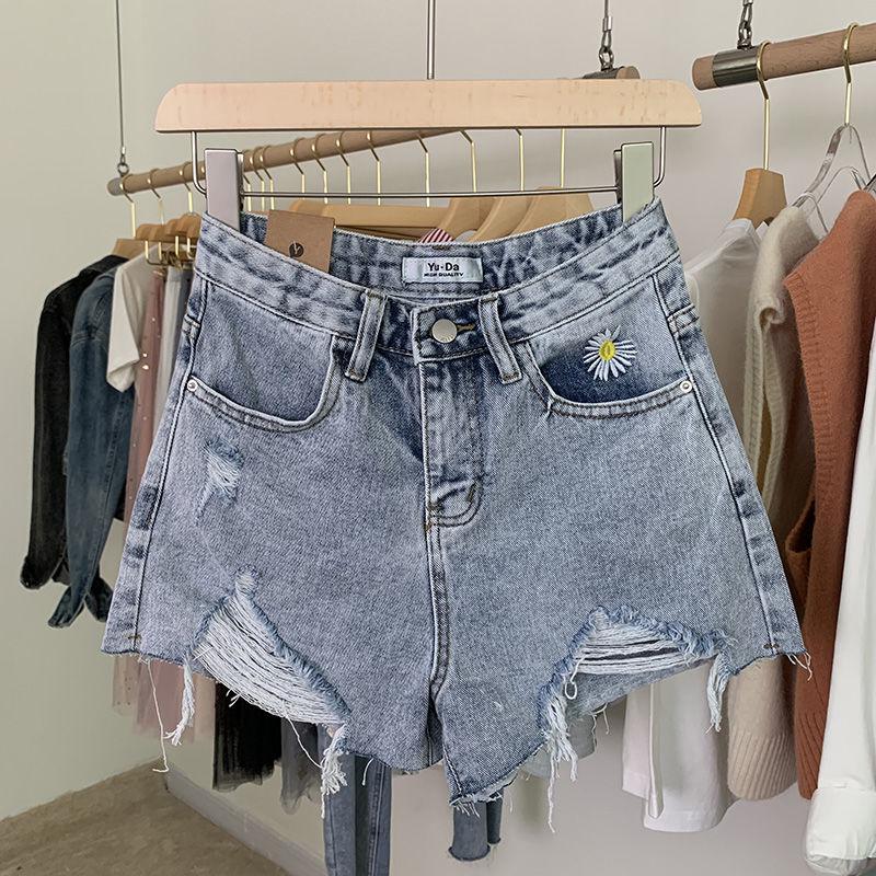 Summer denim shorts women high waist was thin little daisy embroidery loose hole wide leg pants