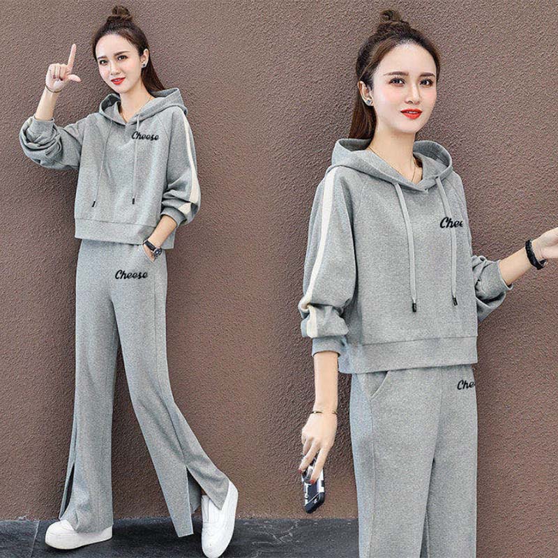 Solid Color Sports Suit Women's Cotton Spring and Autumn Leisure Sports Suit Hooded Long-sleeved Sweater Wide-leg Pants Two-piece Set