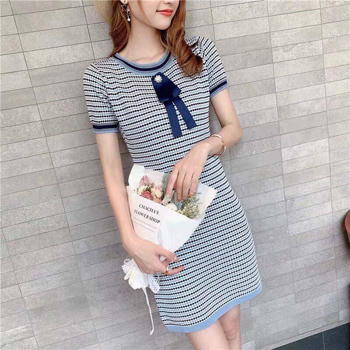 Pofulove Women Bow-knit A-line Dress Short-sleeved O-neck Mid-length Evening Dress Casual Dresses