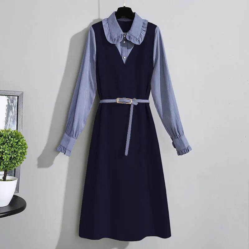 Two-piece Dress Women Early Autumn 2021 Long-sleeved Dress with Wood Ears Mid-length Waist-slimming Fake