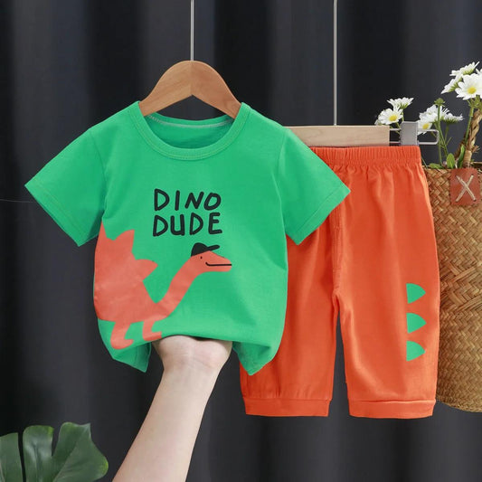 Children's Suit Summer Thin Short Sleeve Suit Boys and Girls Loose Korean Printed Animal T-shirt Shorts Two Piece Set